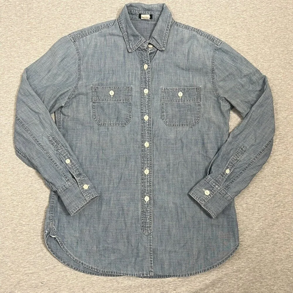 J Crew Shirt Womens Extra Small Blue Light Wash Chambray Denim Button Faded Jean